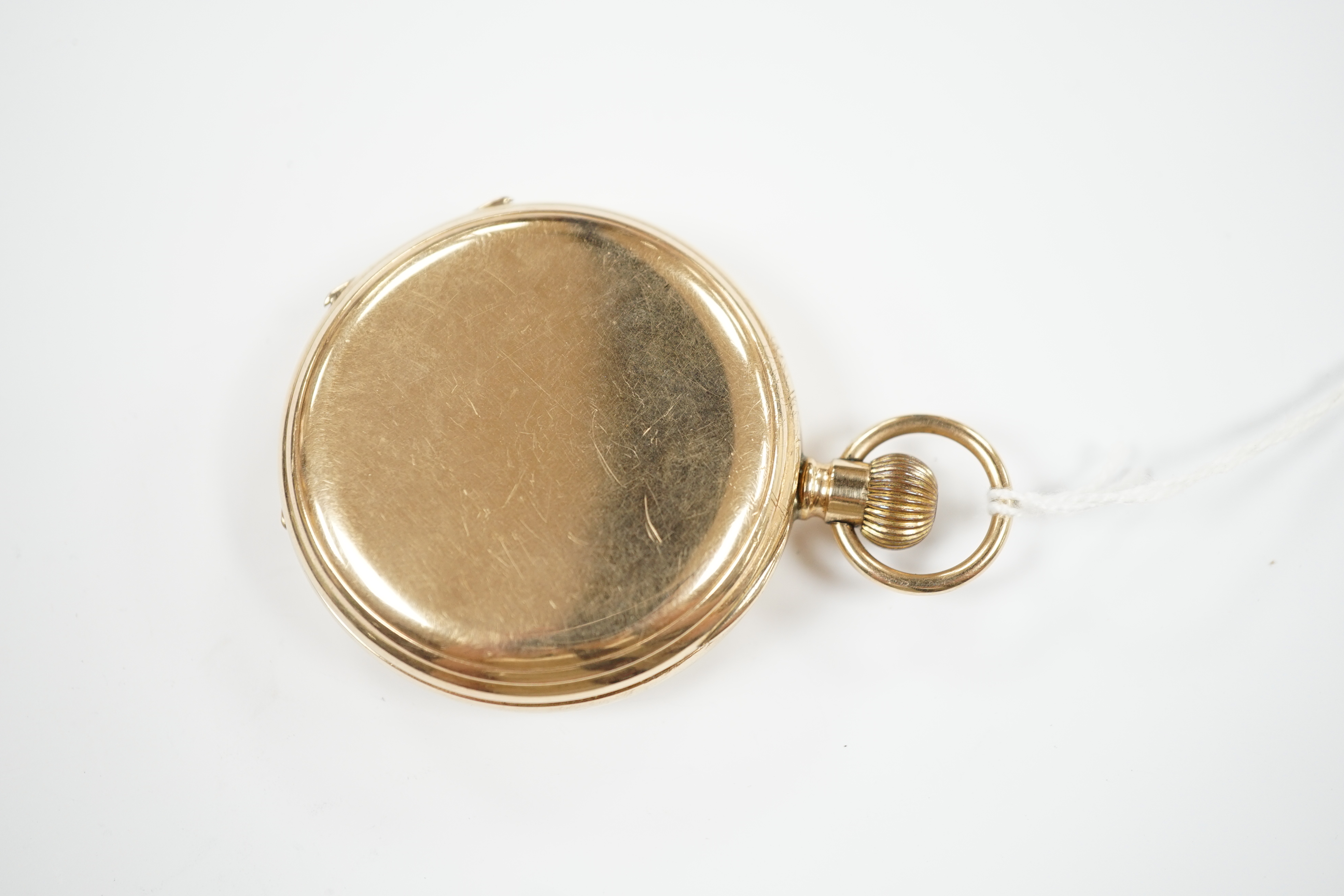 A George V 9ct gold keyless hunter pocket watch, by Thomas Russell of Liverpool, with Roman dial and subsidiary seconds, case diameter 50mm, gross weight 90.4 grams.